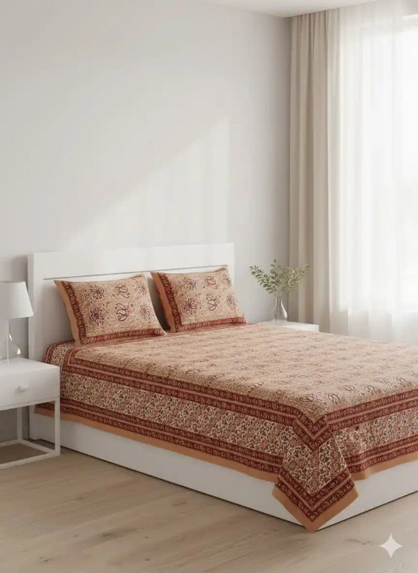 King Size 8ft x 9ft Jaipuri Cotton Bedsheet with 2 Pillow Covers