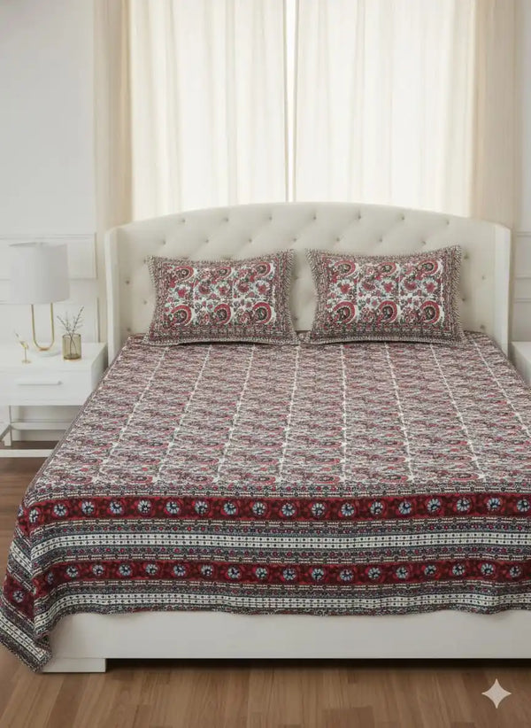 King Size 8ft x 9ft Jaipuri Cotton Bedsheet with 2 Pillow Covers