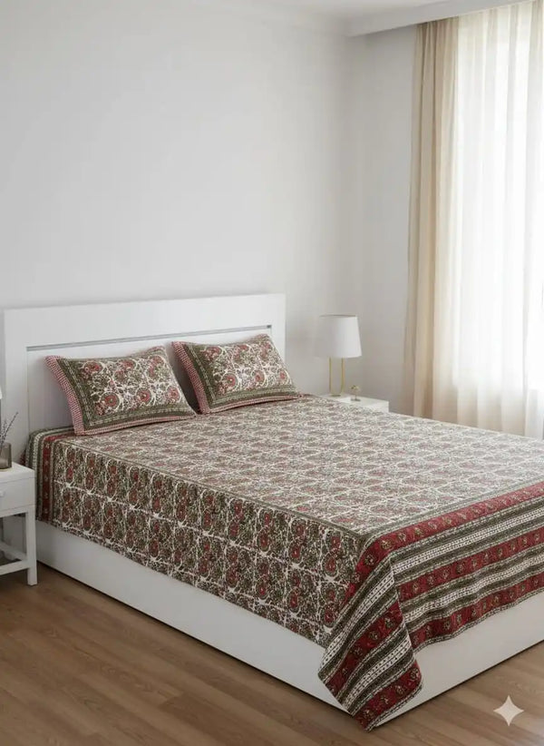 King Size 8ft x 9ft Jaipuri Cotton Bedsheet with 2 Pillow Covers