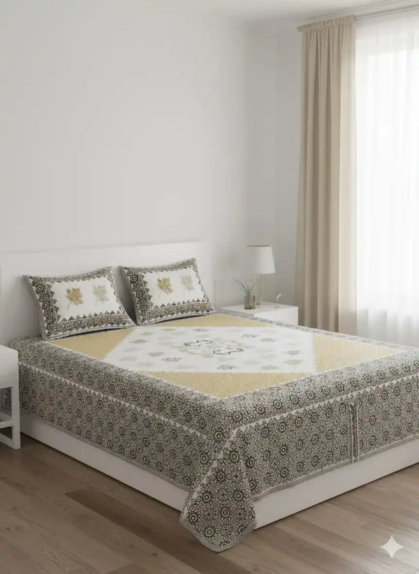 King Size 8ft x 9ft Jaipuri Cotton Bedsheet with 2 Pillow Covers
