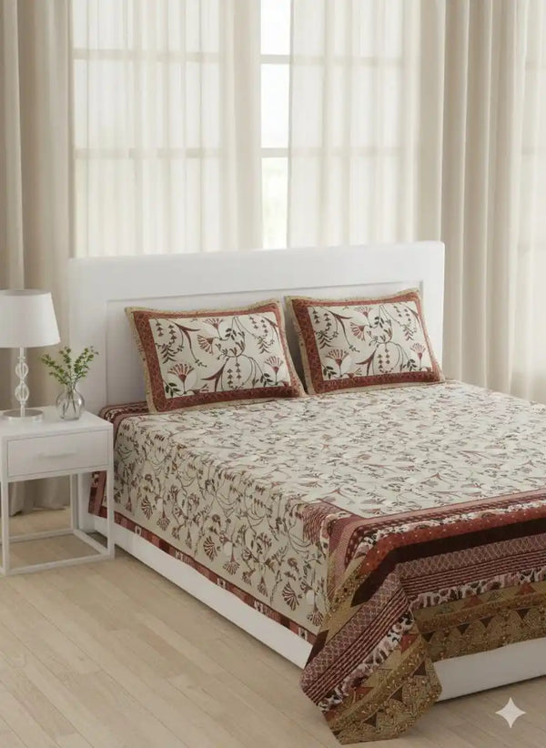 King Size 8ft x 9ft Jaipuri Cotton Bedsheet with 2 Pillow Covers