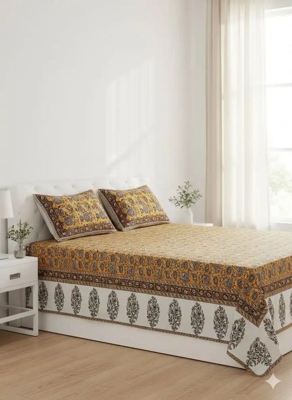 King Size 8ft x 9ft Jaipuri Cotton Bedsheet with 2 Pillow Covers