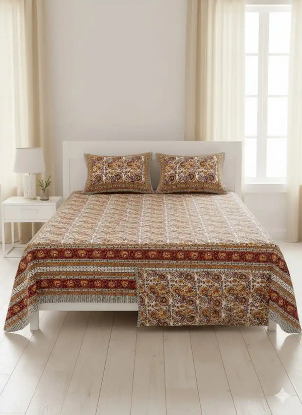 King Size 8ft x 9ft Jaipuri Cotton Bedsheet with 2 Pillow Covers
