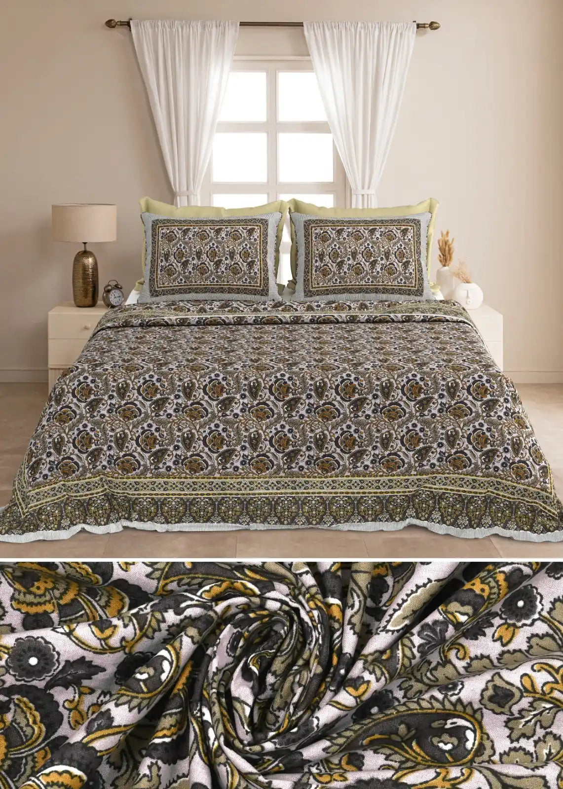 King Size 8ft x 9ft Jaipuri Cotton Bedsheet with 2 Pillow Covers