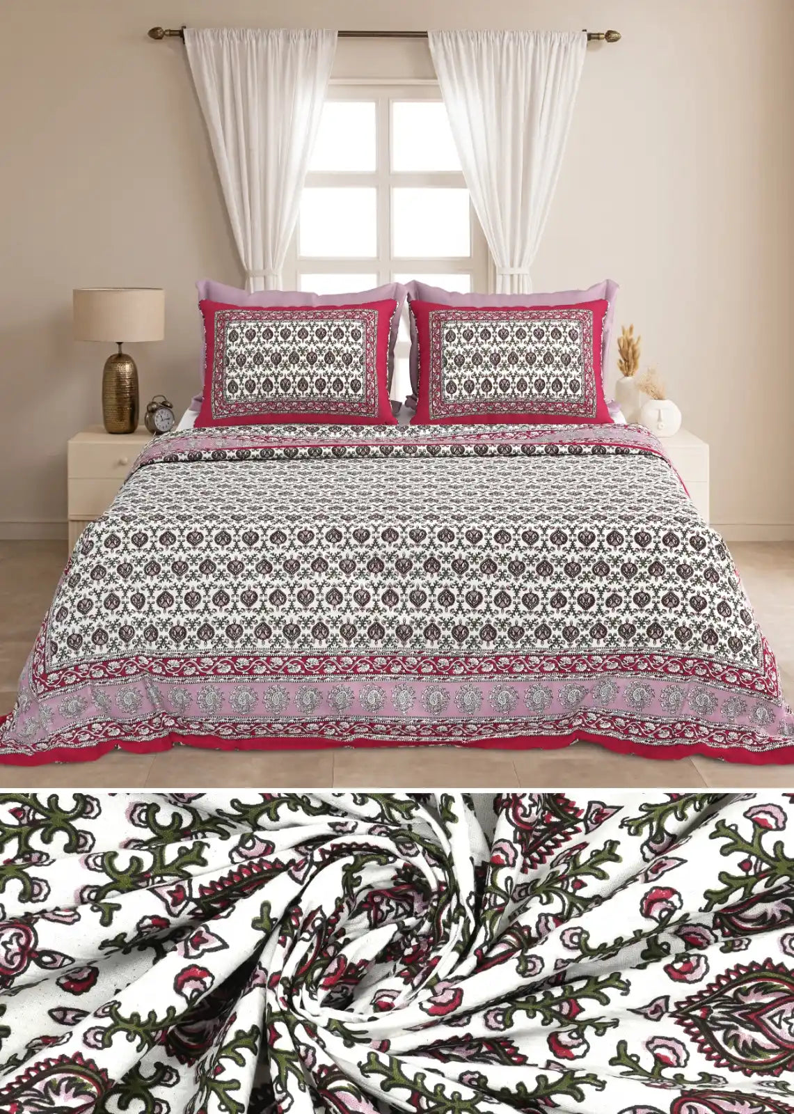 King Size 8ft x 9ft Jaipuri Cotton Bedsheet with 2 Pillow Covers