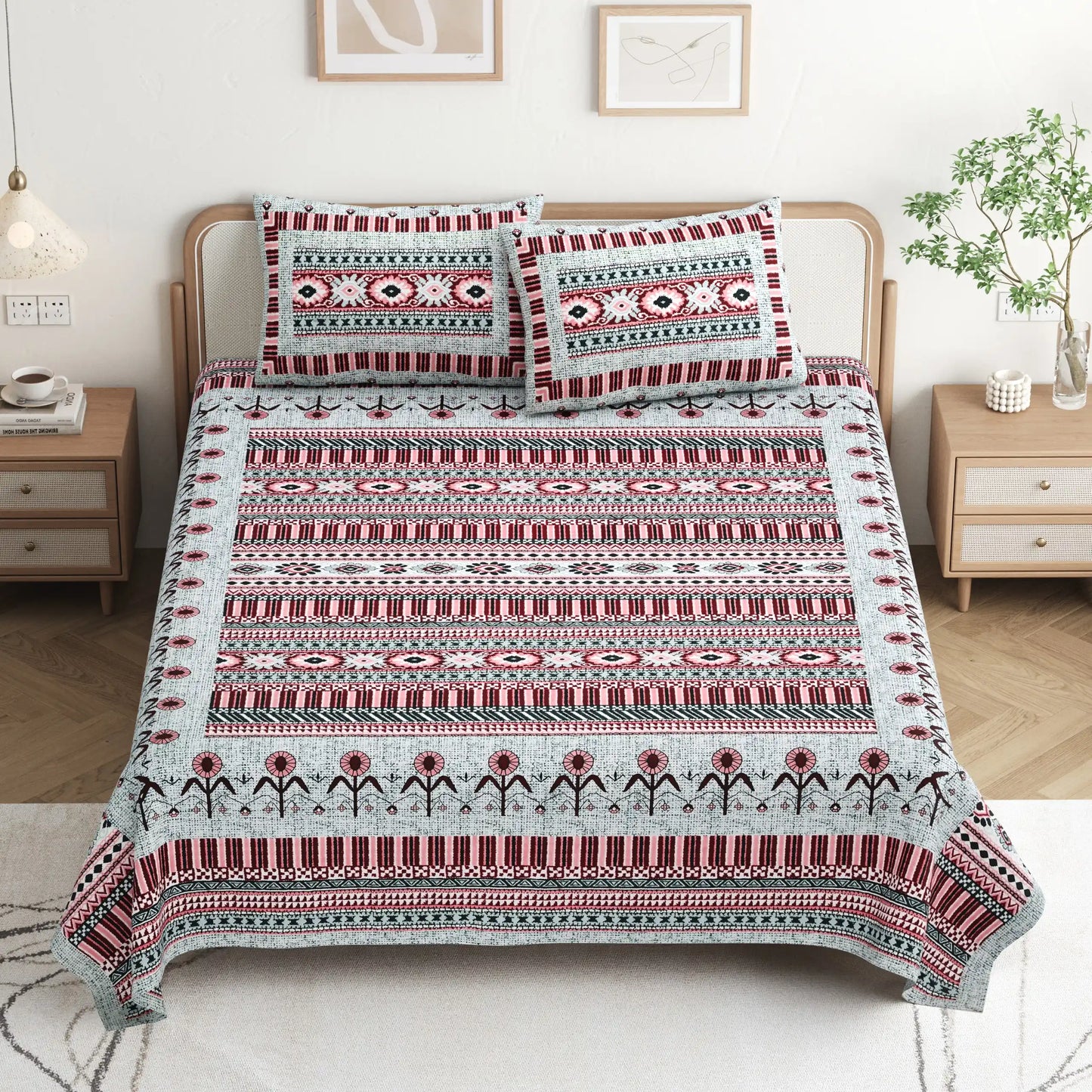 King Size 8ft x 9ft Jaipuri Cotton Bedsheet with 2 Pillow Covers