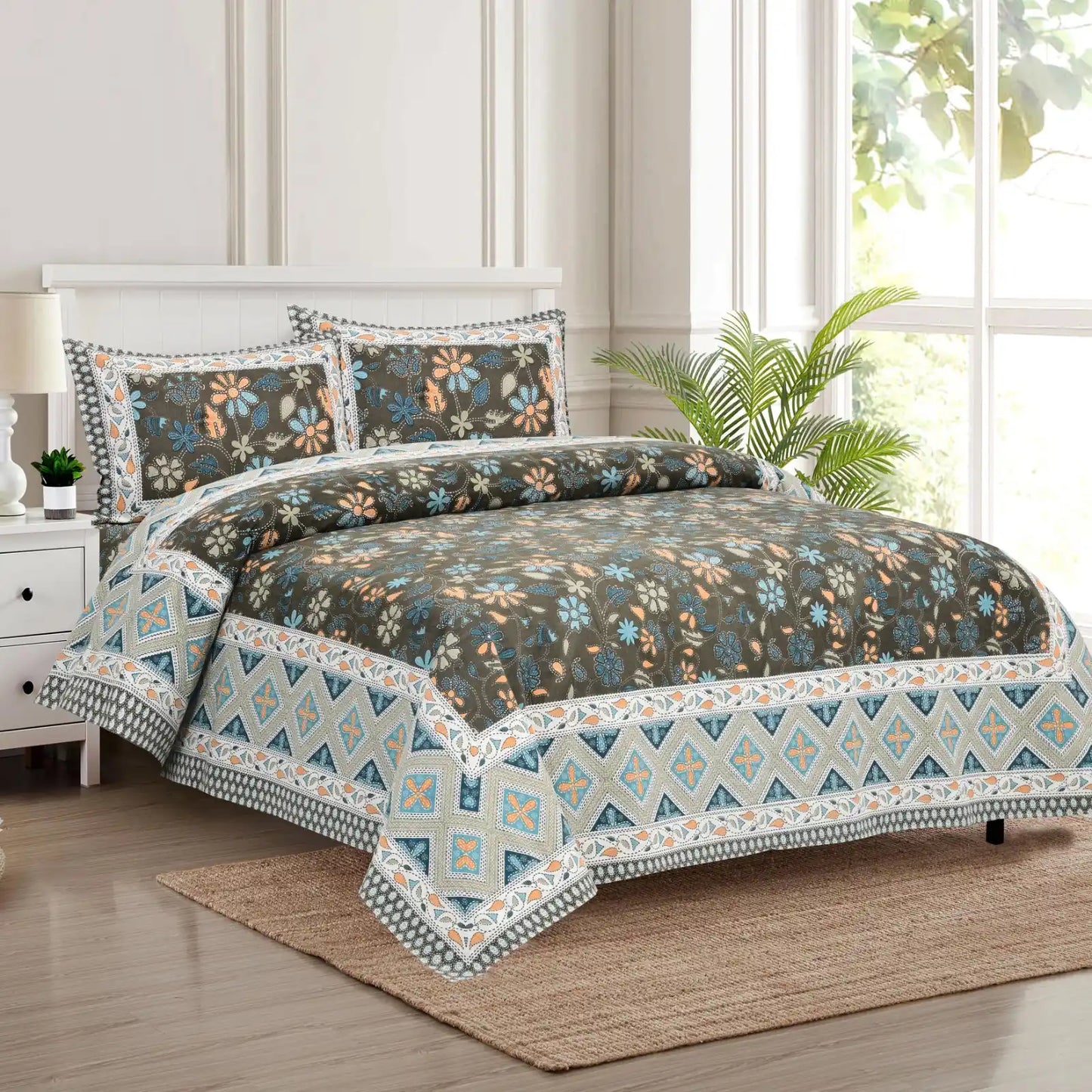 King Size 8ft x 9ft Jaipuri Cotton Bedsheet with 2 Pillow Covers