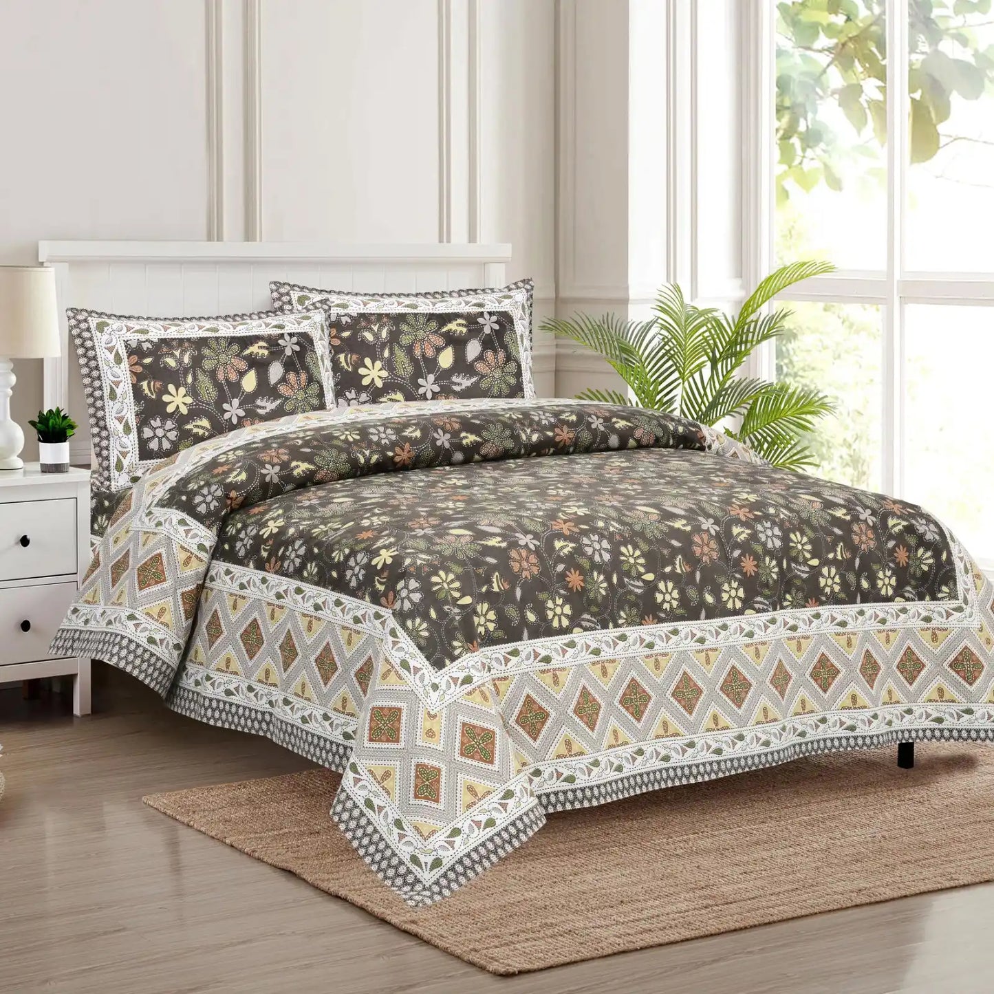 King Size 8ft x 9ft Jaipuri Cotton Bedsheet with 2 Pillow Covers