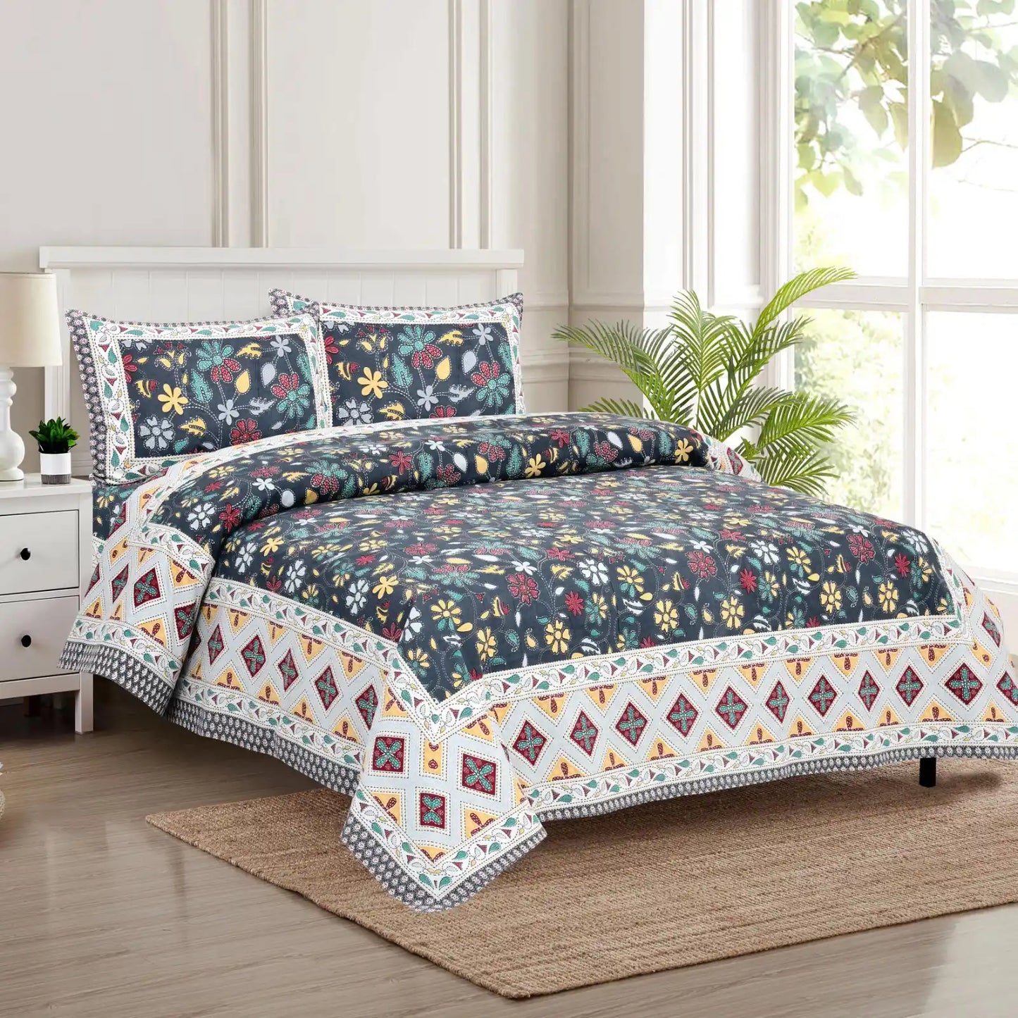 King Size 8ft x 9ft Jaipuri Cotton Bedsheet with 2 Pillow Covers