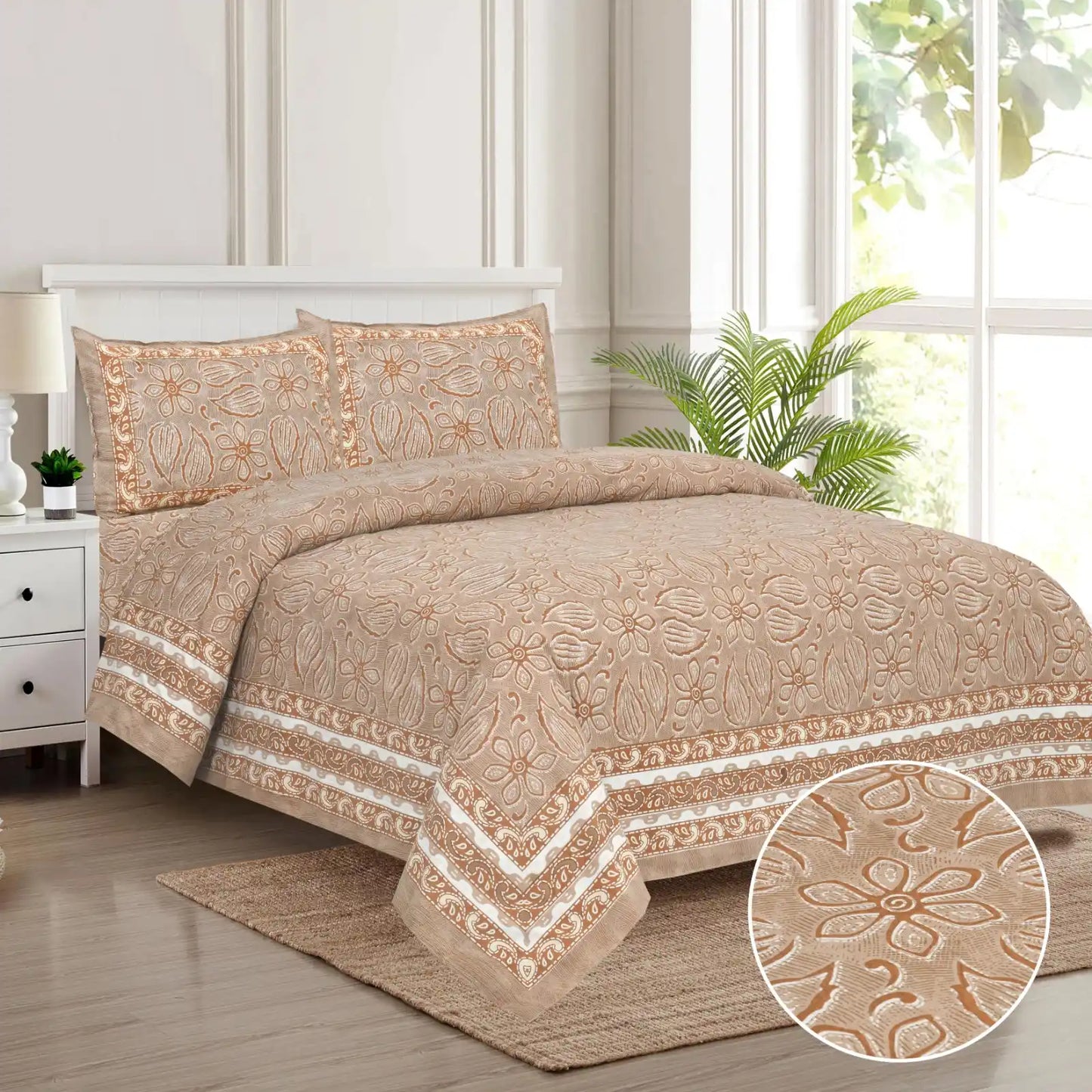 King Size 8ft x 9ft Jaipuri Cotton Bedsheet with 2 Pillow Covers