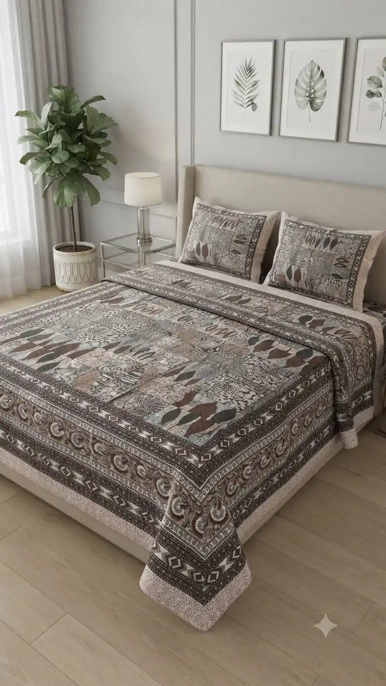 Jaipuri cotton super king bedsheet featuring elegant design in a modern bedroom setting from ASC Fashion Store.