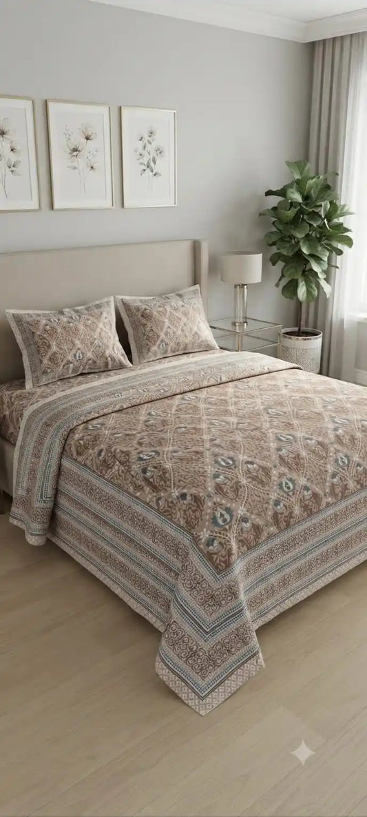 Jaipuri cotton super king bedsheet elegantly displayed on a bed with matching pillows, enhancing bedroom decor.