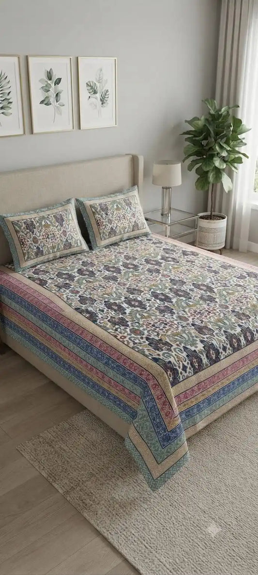 Jaipuri floral super king bedsheet on a neatly made bed with decorative pillows, showcasing elegant designs.