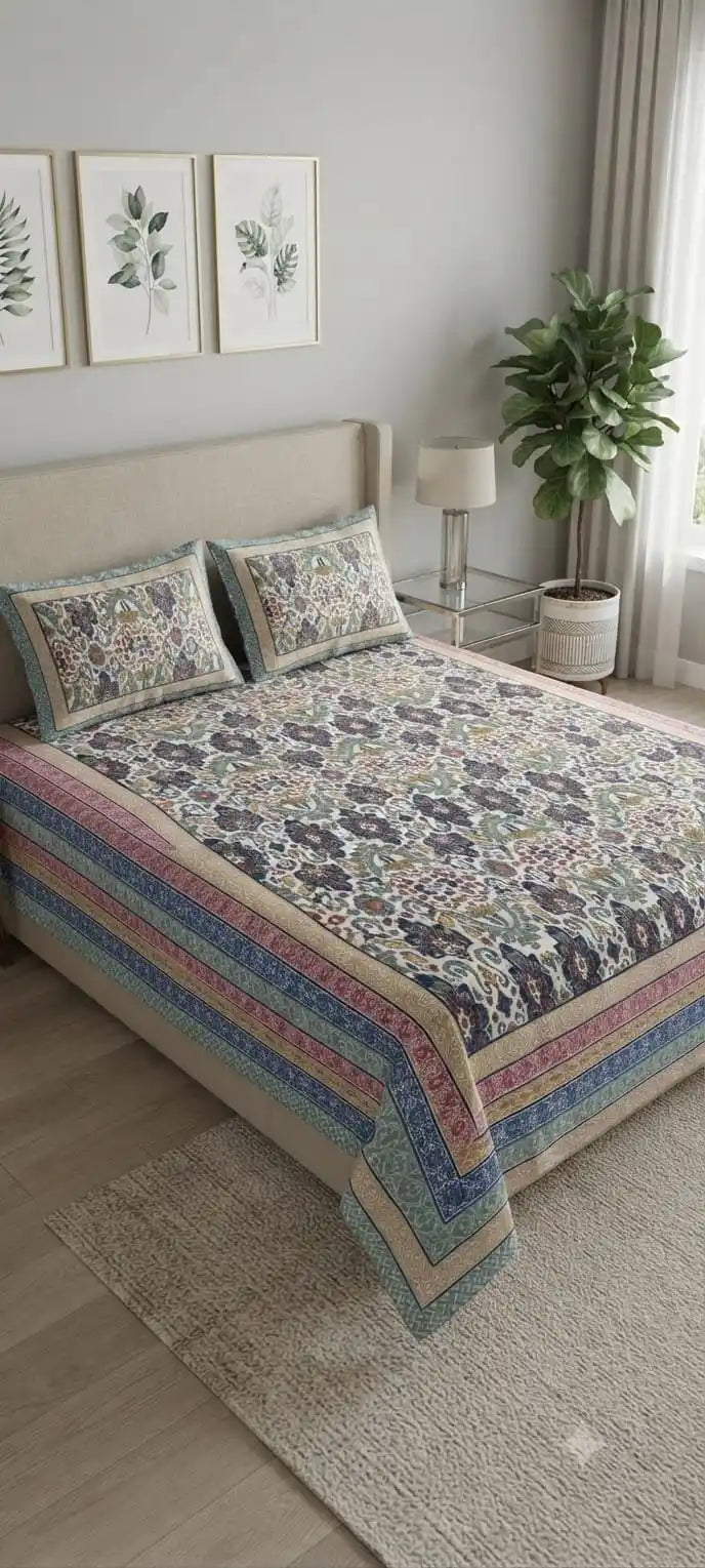 Jaipuri floral super king bedsheet on a neatly made bed with decorative pillows, showcasing elegant designs.