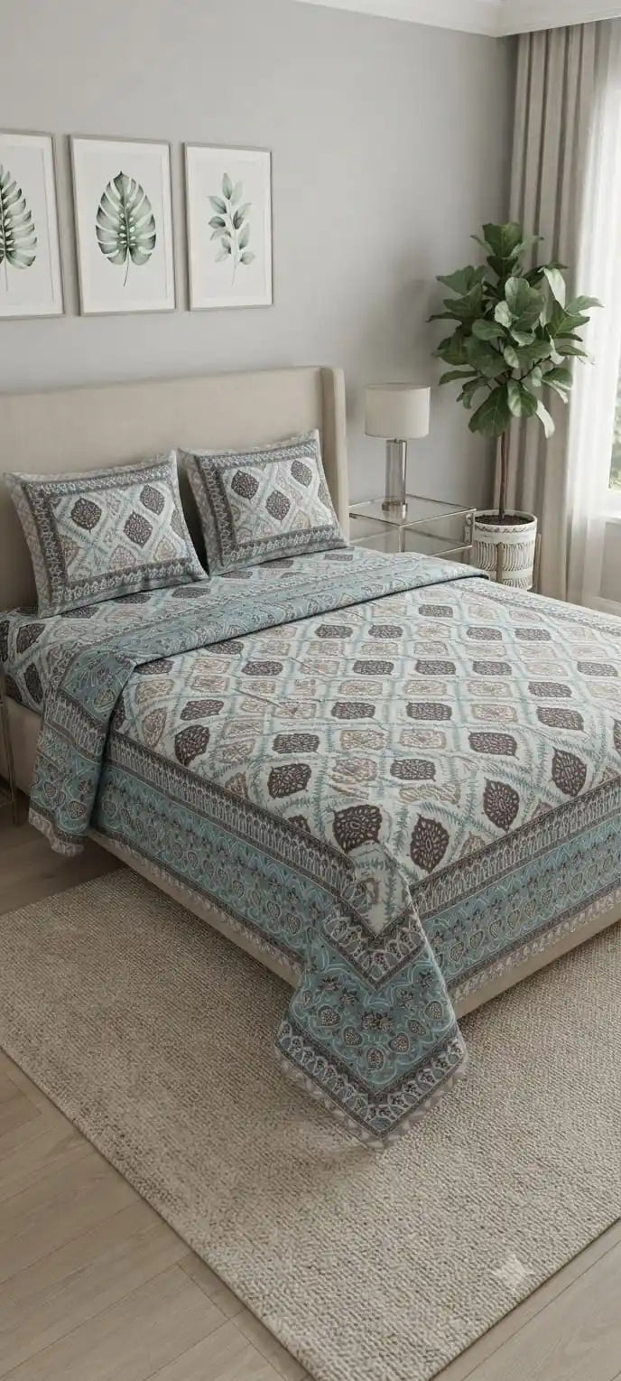 Jaipuri Cotton super king bedsheet featured in a stylishly decorated bedroom with pillows and decorative plants.