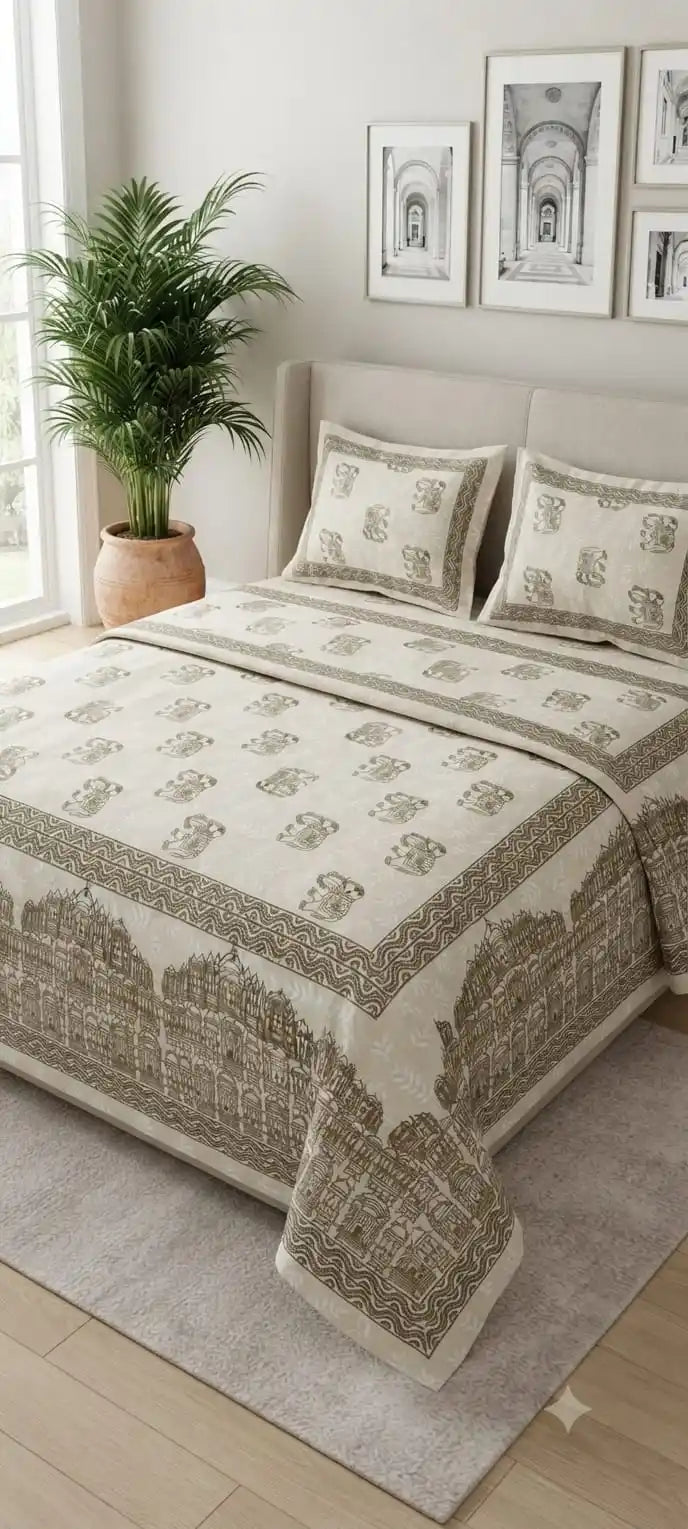 Jaipuri cotton super king bedsheet displayed on a stylish bed in a cozy bedroom setting.