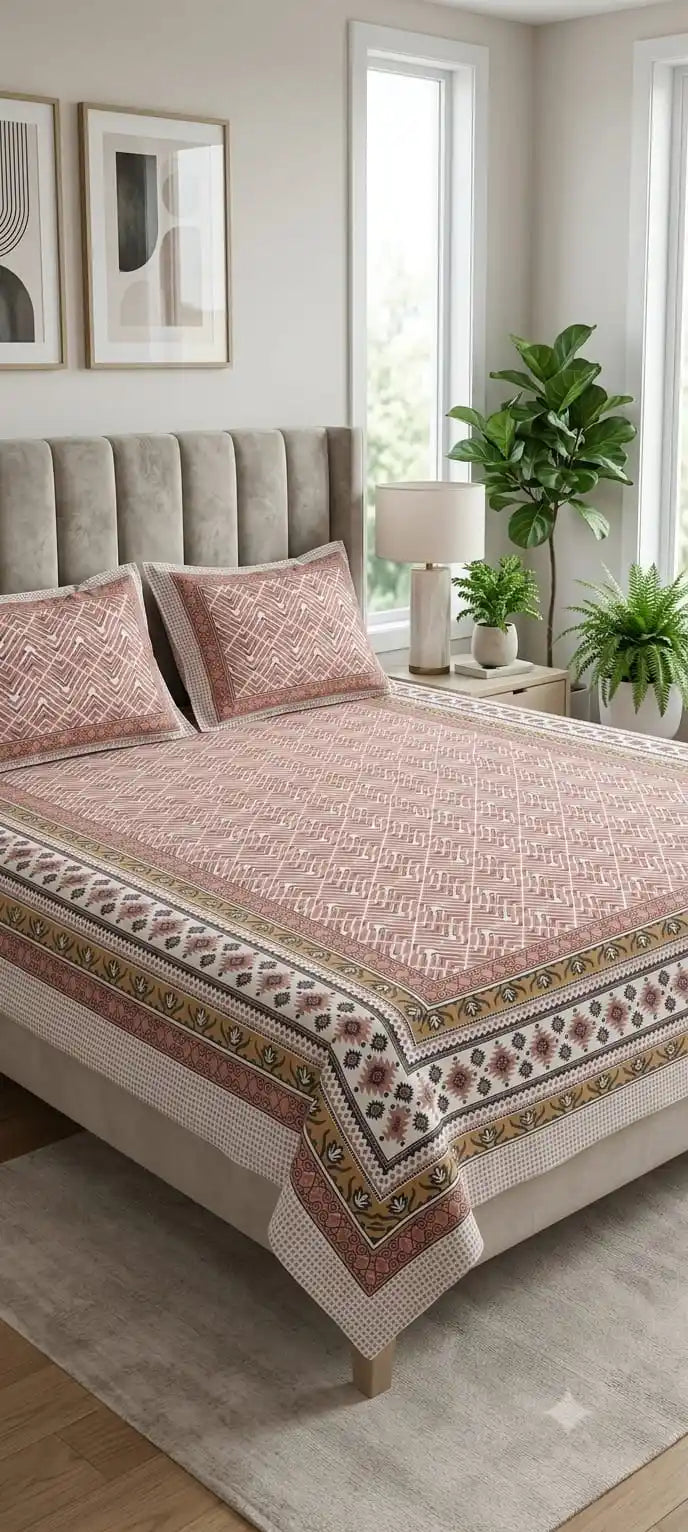 Jaipuri cotton super king bedsheet by ASC displayed on a stylish bed in a bright, modern bedroom setup.