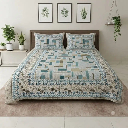 Jaipuri cotton super king bedsheet from ASC Fashion Store with modern geometric design and elegant border.