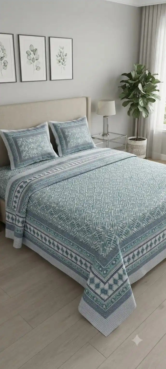 Jaipuri cotton super king bedsheet in soothing blue tones on a stylish bed, enhancing bedroom decor.