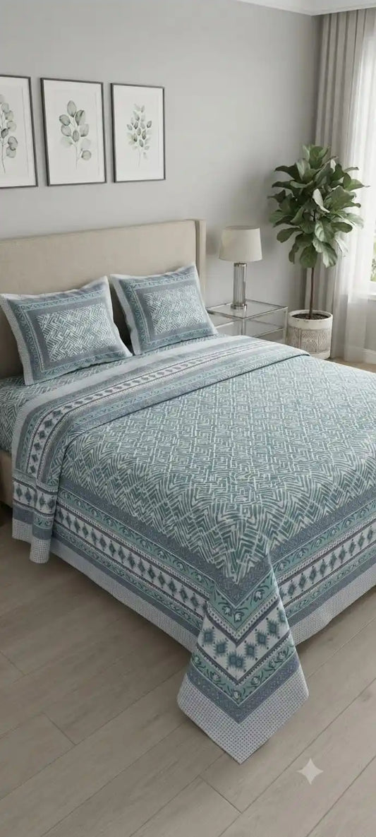 Jaipuri cotton super king bedsheet in soothing blue tones on a stylish bed, enhancing bedroom decor.