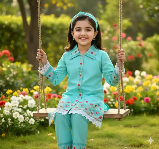 Girls Kids Kurta Pant Embroidered Rayon Fabric Cord-Sets