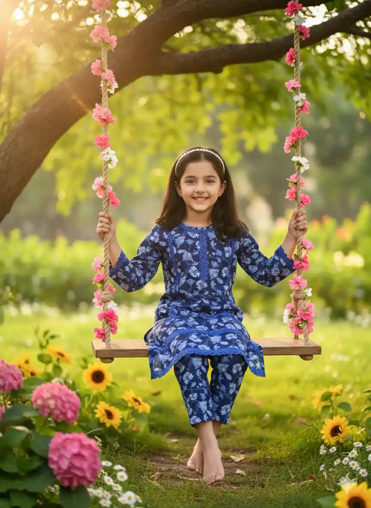 Girls Kids Karachi Lace Rayon Kurta Pant Straight Cut Cord-Sets