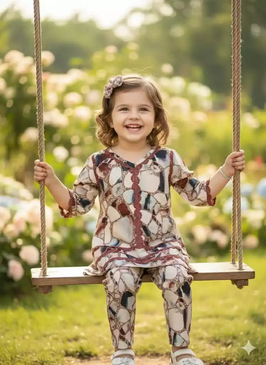 Girls Kids Karachi Lace Rayon Kurta Pant Straight Cut Cord-Sets