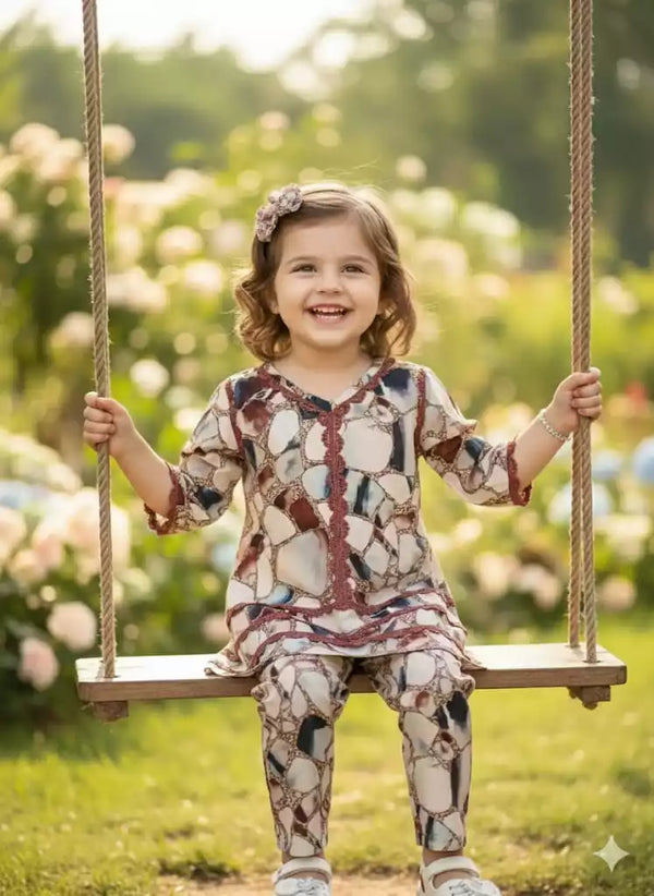 Girls Kids Karachi Lace Rayon Kurta Pant Straight Cut Cord-Sets