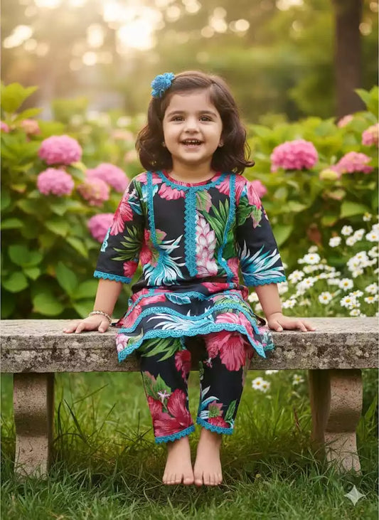 Girls Kids Karachi Lace Rayon Kurta Pant Straight Cut Cord-Sets