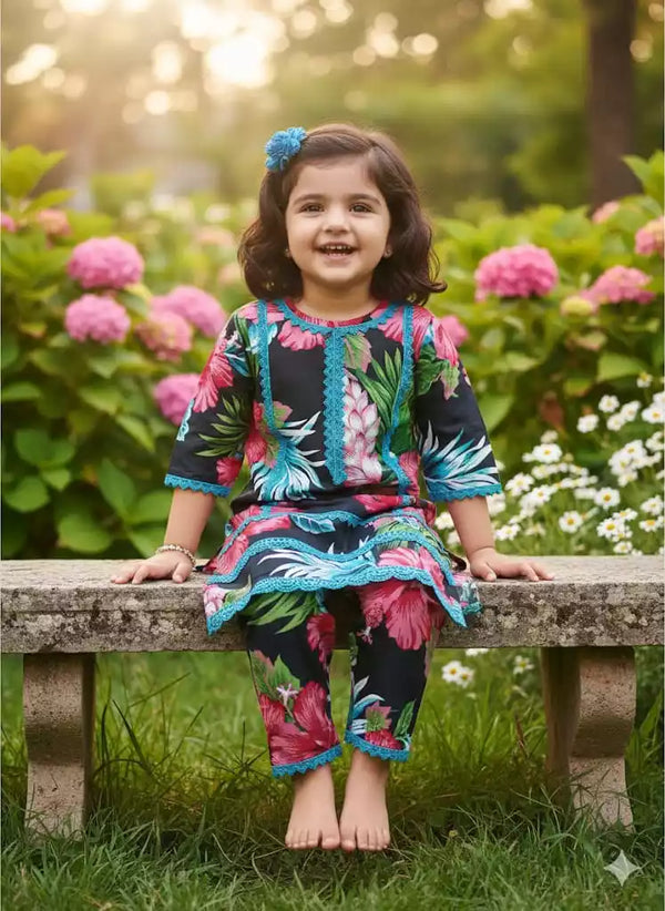 Girls Kids Karachi Lace Rayon Kurta Pant Straight Cut Cord-Sets