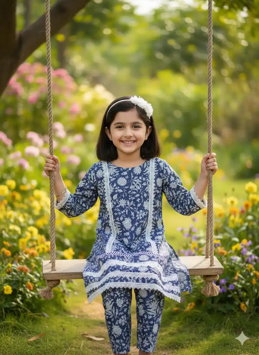 Girls Kids Karachi Lace Rayon Kurta Pant Straight Cut Cord-Sets