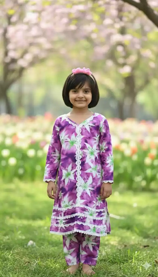 Girls Kids Karachi Lace Rayon Kurta Pant Straight Cut Cord-Sets