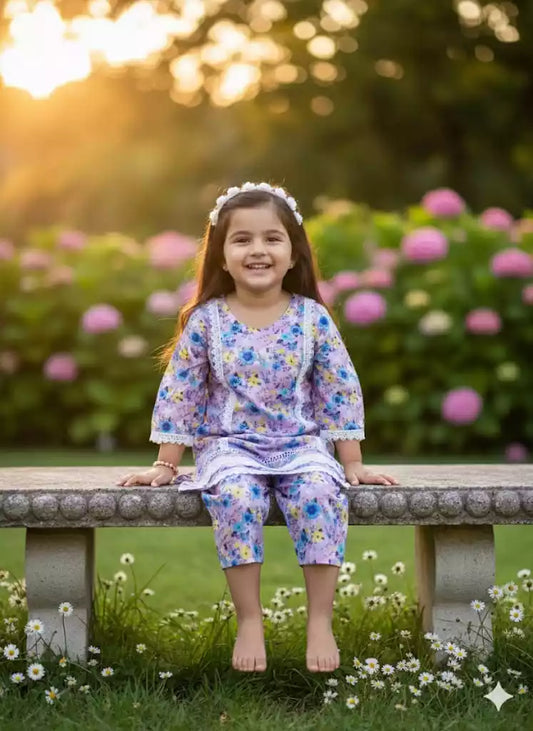 Girls Kids Karachi Lace Rayon Kurta Pant Straight Cut Cord-Sets