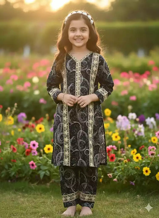 Girls Kids Karachi Lace Rayon Kurta Pant Straight Cut Cord-Sets