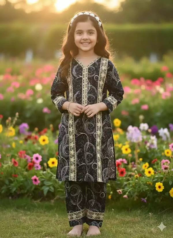 Girls Kids Karachi Lace Rayon Kurta Pant Straight Cut Cord-Sets