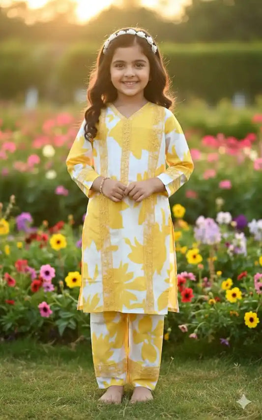 Girls Kids Karachi Lace Rayon Kurta Pant Straight Cut Cord-Sets