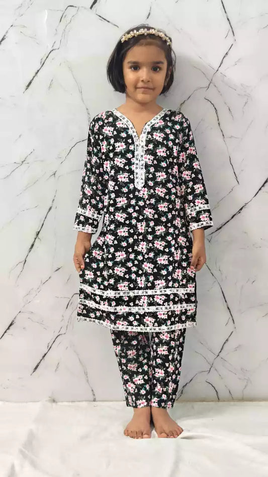 Girls Kids Karachi Lace Rayon Kurta Pant Straight Cut Cord-Sets