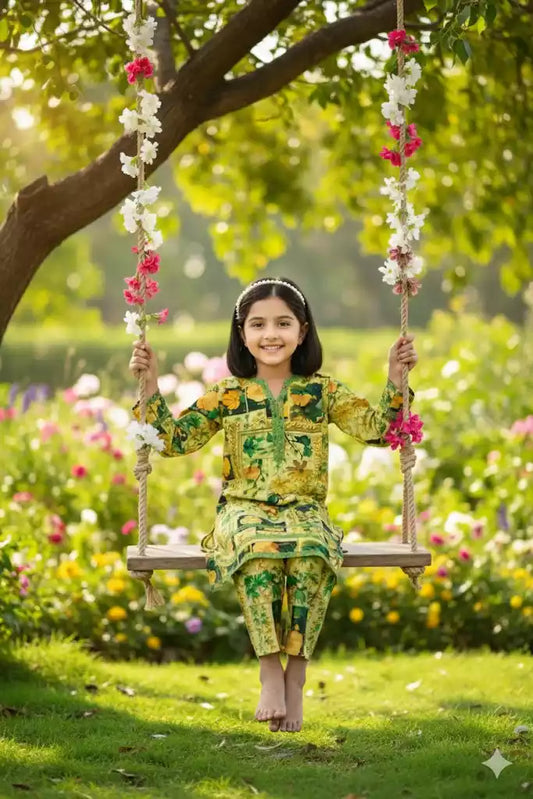 Girls Kids Karachi Lace Rayon Kurta Pant Straight Cut Cord-Sets