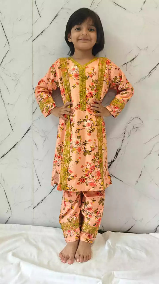 Girls Kids Karachi Lace Rayon Kurta Pant Straight Cut Cord-Sets