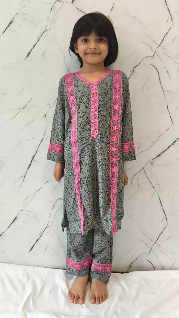 Girls Kids Karachi Lace Rayon Kurta Pant Straight Cut Cord-Sets