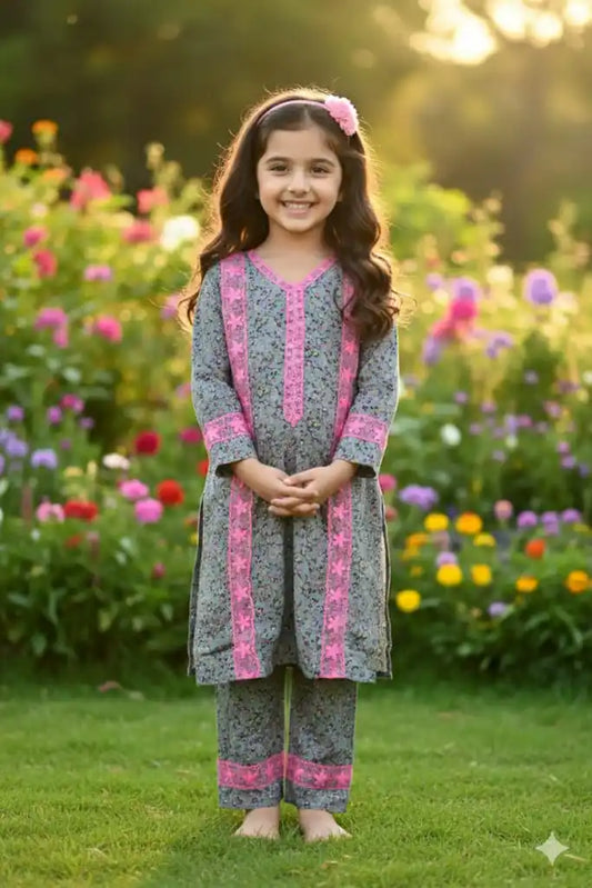 Girls Kids Karachi Lace Rayon Kurta Pant Straight Cut Cord-Sets