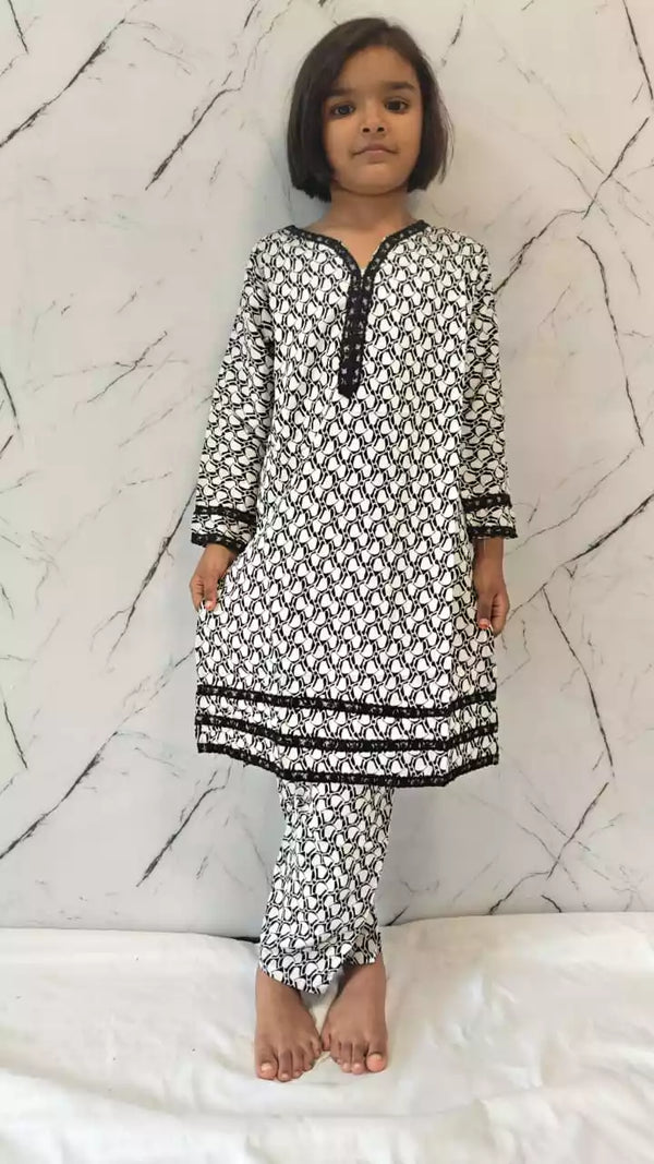 Girls Kids Karachi Lace Rayon Kurta Pant Straight Cut Cord-Sets