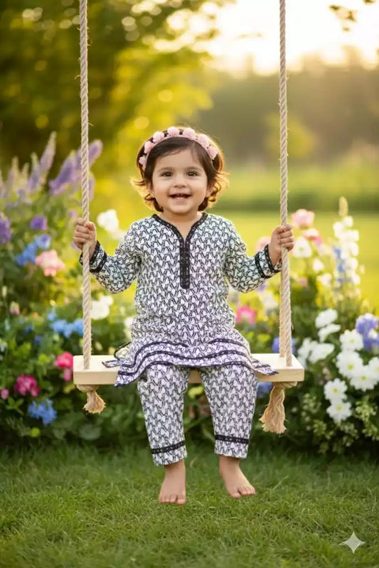 Girls Kids Karachi Lace Rayon Kurta Pant Straight Cut Cord-Sets