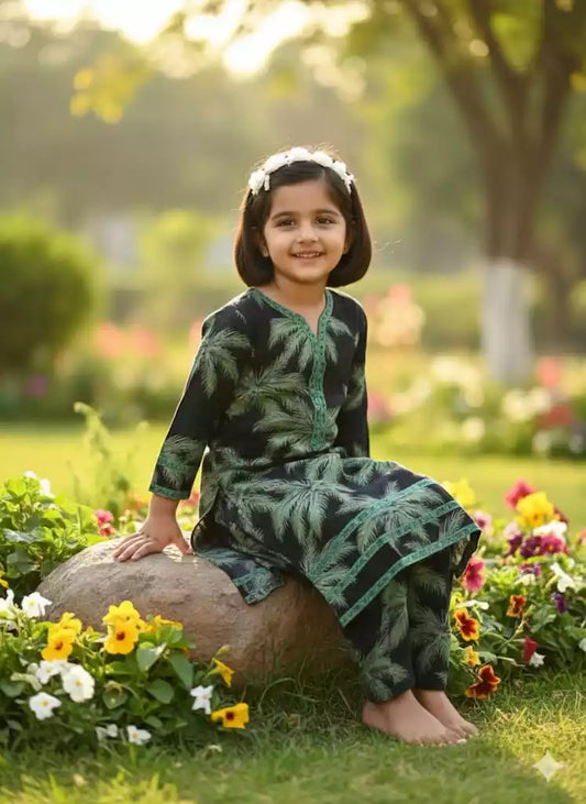 Girls Kids Karachi Lace Rayon Kurta Pant Straight Cut Cord-Sets