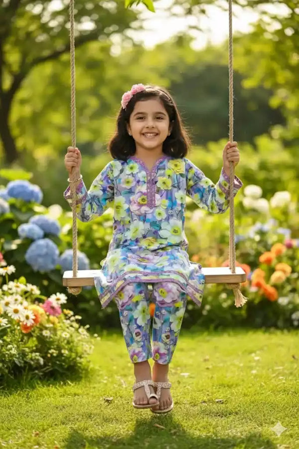 Girls Kids Karachi Lace Rayon Kurta Pant Straight Cut Cord-Sets