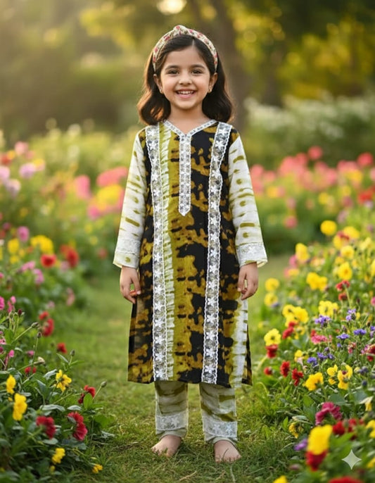 Girls Kids Karachi Lace Rayon Kurta Pant Straight Cut Cord-Sets