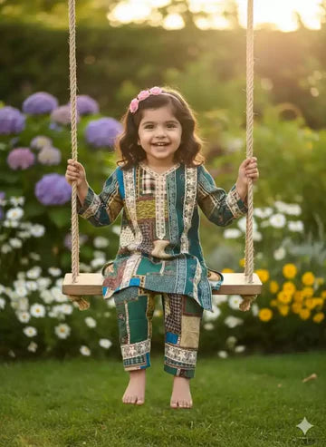 Girls Kids Karachi Lace Rayon Kurta Pant Straight Cut Cord-Sets