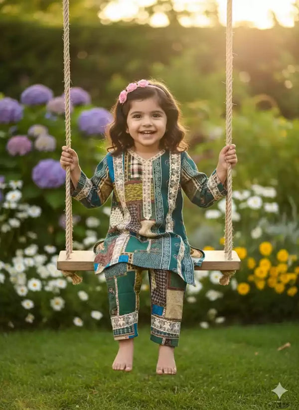 Girls Kids Karachi Lace Rayon Kurta Pant Straight Cut Cord-Sets