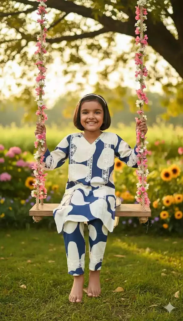 Girls Kids Karachi Lace Rayon Kurta Pant Straight Cut Cord-Sets