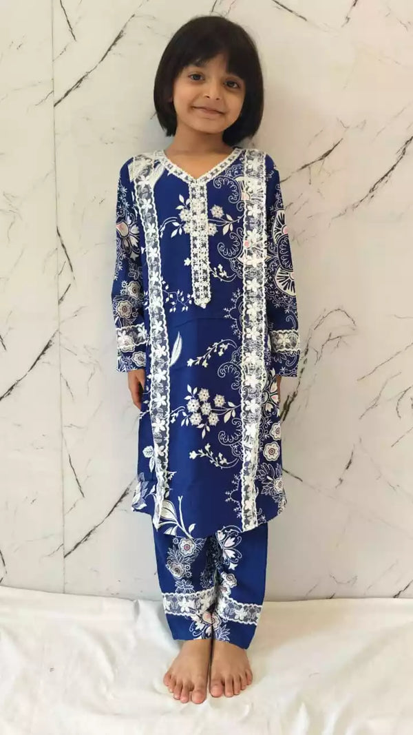 Girls Kids Karachi Lace Rayon Kurta Pant Straight Cut Cord-Sets